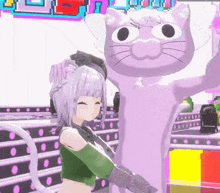 a girl standing next to a large purple cat