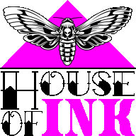 a logo for house of ink with a moth on top