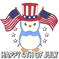 a happy 4th of july greeting card with a penguin in a patriotic hat