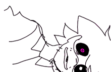 a black and white drawing of a cartoon character with pink eyes and a smiley face .