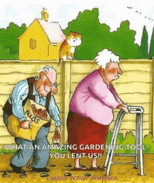 a cartoon of an elderly couple with a cat sitting on a fence .
