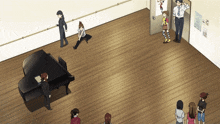 a group of people are gathered around a piano