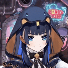 a close up of a character with a sign that says hakos on it in the background