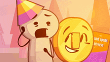 a cartoon character wearing a party hat next to a coin that says " and spells n'verse " on it
