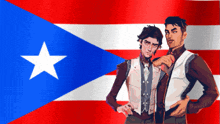 two men standing in front of a flag with a white star