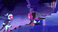 a cartoon character is standing on a set of stairs