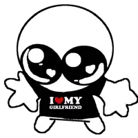 a cartoon character is wearing a shirt that says " i love my girlfriend "
