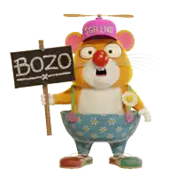 a cartoon mouse holding a sign that says bozo on it