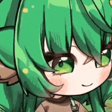 a close up of a cartoon character with green hair and big green eyes