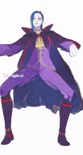 a woman with blue hair and a purple cape is dancing with the words viggle.ai written below her