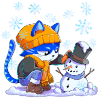 a blue cat is making a snowman in the snow