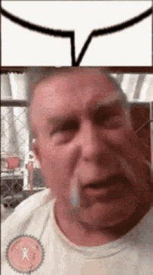 a man with a mustache is talking on a video call with a speech bubble above his head .