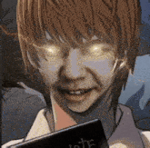a man with glowing eyes is holding a notepad