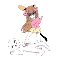 a drawing of a girl kicking a man with a bat