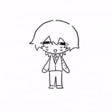 a black and white drawing of a boy in a suit and tie standing on a white background .