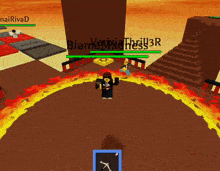 a person in a video game is surrounded by flames and has the name blam on the bottom