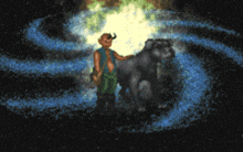 a pixel art illustration of a man and a dog