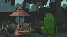 a cartoon drawing of a lantern and a cactus