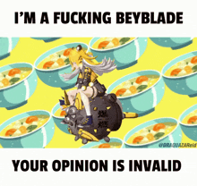 a cartoon of a girl riding a robot with the words " i 'm a fucking beyblade "