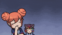 a cartoon drawing of a girl and a cat