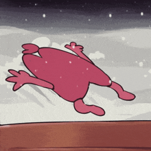 a cartoon drawing of a pink duck laying on its back in the snow