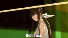 a girl is standing in front of a tennis net with the words did n't ask written on the bottom