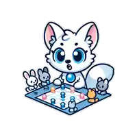 a white cat is playing a board game with rabbits