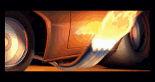 a car with flames coming out of it 's tire