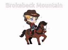 a cartoon of a cowboy riding a horse with the words brokebeck mountain written above him