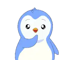 a blue and white penguin with a red heart in the background