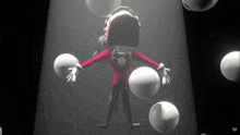 a cartoon character in a tuxedo is surrounded by white spheres