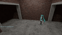 a screenshot of a video game shows a girl with blue hair standing in a room with a brick wall