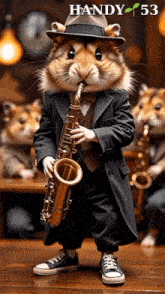 a picture of a hamster playing a saxophone with handy 53 on the bottom right