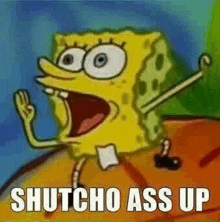 spongebob squarepants is saying shutcho ass up while standing on a basketball court .