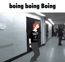 a cartoon of a man walking down a hallway with the words boing boing boing below him