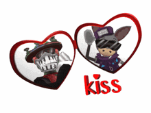 a couple of hearts with the word kiss in red