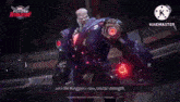a man in a purple suit is standing in a dark room with a purple light coming out of his chest .
