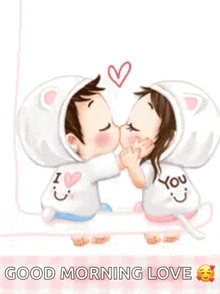 a cartoon of a boy and a girl kissing with the words `` good morning love '' .