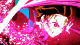 a cartoon character is surrounded by a purple and red background