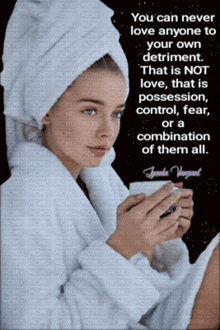 a picture of a woman with a towel wrapped around her head holding a cup of coffee