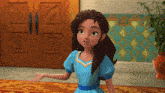 a girl in a blue dress is standing in front of a door