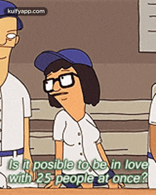 a cartoon character from bob 's burgers is sitting at a table with a man and a woman .