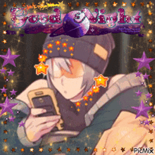 a picture of a man looking at his phone with the words good night