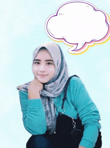a woman wearing a hijab has a speech bubble above her head that says galau ya