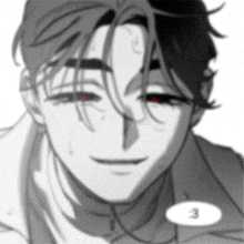 a black and white drawing of a man with red eyes and a smiley face .