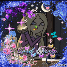 a picture of a girl surrounded by butterflies and flowers with the words good night