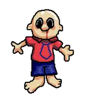 a pixel art drawing of a bald boy wearing a red shirt and blue shorts