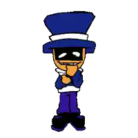 a cartoon character wearing a top hat and sunglasses is standing with his hand on his chin .