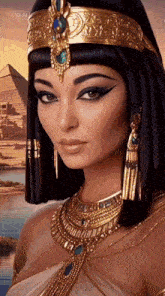 a woman with a pyramid in the background is wearing gold jewelry and a crown