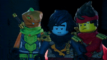 three lego characters are standing next to each other and one of them has a sad look on his face